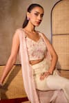 Tarini Vij_White Striped Tissue Embroidery Sheeba Scallop Bloom Cape Jacket And Palazzo Set _Online_at_Aza_Fashions