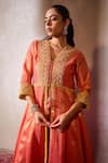 Tarini Vij_Orange Tissue Embroidery Pearl V Ziya Floral Jaal Anarkali Jacket And Palazzo Set _Online_at_Aza_Fashions