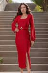 Buy_Samyukta Singhania_Red Polyester Solid Square Neck Puffed Sleeve Midi Dress _at_Aza_Fashions