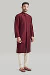 Blue Lotus Design_Maroon Silk Plain Buttoned Placket Kurta And Pant Set _Online_at_Aza_Fashions