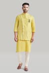 Buy_Blue Lotus Design_Yellow Cotton Embroidered Thread Asymmetric Nehru Jacket _at_Aza_Fashions