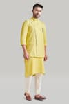 Blue Lotus Design_Yellow Cotton Embroidered Thread Asymmetric Nehru Jacket _Online_at_Aza_Fashions