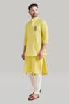 Buy_Blue Lotus Design_Yellow Cotton Embroidered Thread Asymmetric Nehru Jacket _Online_at_Aza_Fashions