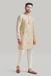 Buy_Blue Lotus Design_Ivory Raw Silk Printed Floral Kurta And Pant Set _Online_at_Aza_Fashions