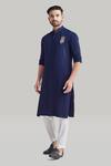 Buy_Blue Lotus Design_Blue Cotton Embroidered Placement Kurta And Pant Set _at_Aza_Fashions