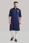 Buy_Blue Lotus Design_Blue Cotton Embroidered Placement Kurta And Pant Set _Online_at_Aza_Fashions