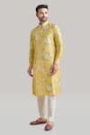 Blue Lotus Design_Yellow Raw Silk Printed Floral Kurta And Pant Set _Online_at_Aza_Fashions