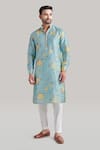 Buy_Blue Lotus Design_Blue Raw Silk Printed Floral Plain Buttoned Placket Kurta And Pant Set _at_Aza_Fashions