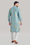 Shop_Blue Lotus Design_Blue Raw Silk Printed Floral Plain Buttoned Placket Kurta And Pant Set _at_Aza_Fashions