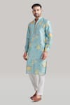 Blue Lotus Design_Blue Raw Silk Printed Floral Plain Buttoned Placket Kurta And Pant Set _Online_at_Aza_Fashions