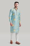 Buy_Blue Lotus Design_Blue Raw Silk Printed Floral Plain Buttoned Placket Kurta And Pant Set _Online_at_Aza_Fashions