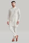 Buy_Blue Lotus Design_White Raw Silk Embroidered Thread Plain Buttoned Placket Kurta And Pant Set _at_Aza_Fashions