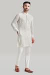 Buy_Blue Lotus Design_White Raw Silk Embroidered Thread Plain Buttoned Placket Kurta And Pant Set _Online_at_Aza_Fashions