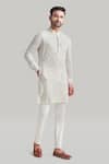 Buy_Blue Lotus Design_White Raw Silk Embroidered Thread Plain Buttoned Placket Kurta And Pant Set _Online