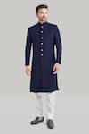 Buy_Blue Lotus Design_Blue Rayon Buttoned Sherwani And Pant Set _at_Aza_Fashions