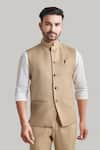 Blue Lotus Design_Beige Suiting Button Down Bundi _Online_at_Aza_Fashions