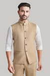 Buy_Blue Lotus Design_Beige Suiting Button Down Bundi 