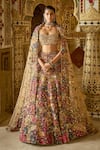 Seema Gujral_Multi Color Net Embroidery 3d Florals Square Neck Bridal Lehenga Set _Online_at_Aza_Fashions