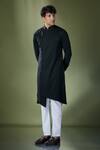 Shop_Adorn His by Tushi and Vaibhav_Black Plain Asymmetric Achkan With Pant _at_Aza_Fashions