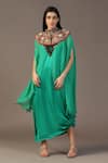 Shop_Two Sisters By Gyans_Green Gown Satin Embroidery Sequin Mandarin Collar With Cape _at_Aza_Fashions