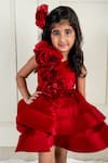 Lil Angels_Maroon Satin Fabric Flowers Ruched Rosette Ruffle Tiered Dress _Online_at_Aza_Fashions