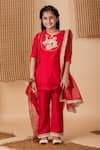 Lil Angels_Red Silk Embroidery Sequins Peacock Motif Kurta Pant Set _Online_at_Aza_Fashions