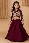 Buy_Lil Angels_Wine Banana Crepe And Georgette Embroidery Peacock Motif Jacket With Lehenga _at_Aza_Fashions