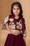 Lil Angels_Wine Banana Crepe And Georgette Embroidery Peacock Motif Jacket With Lehenga _at_Aza_Fashions