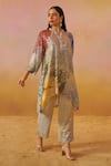 Rainas_Off White Georgette Printed Abstract Mandarin Collar High-low Tunic And Pant Set _Online_at_Aza_Fashions