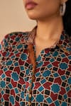 Buy_Rainas_Maroon Cupro Satin Printed Ajrakh Geometric Shirt Collar Do Rangi Pathani Set _Online_at_Aza_Fashions