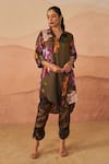 Buy_Rainas_Brown Twill Printed Botanic Shirt Collar Audrey High-low Tunic With Pant _at_Aza_Fashions