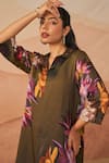 Buy_Rainas_Brown Twill Printed Botanic Shirt Collar Audrey High-low Tunic With Pant _Online_at_Aza_Fashions