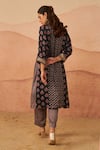 Shop_Rainas_Black Cupro Satin Printed Ajrakh V-neck Kutch Butti Kurta With Pant _at_Aza_Fashions