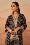 Rainas_Black Cupro Satin Printed Ajrakh V-neck Kutch Butti Kurta With Pant _Online_at_Aza_Fashions