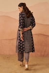 Shop_Rainas_Black Cupro Satin Printed Ajrakh V-neck Kutch Butti Kurta Pant Set _at_Aza_Fashions