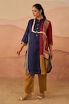 Rainas_Multi Color Satin Printed Stripe Mandarin Collar Raeth Block Pathani Kurta Set _Online_at_Aza_Fashions