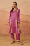 Buy_Rainas_Pink Cupro Satin Printed Bandhani Keyhole Raas Phiran Kurta And Farsi Pyjama Set _at_Aza_Fashions