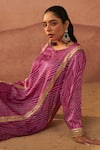 Shop_Rainas_Pink Cupro Satin Printed Bandhani Keyhole Raas Phiran Kurta And Farsi Pyjama Set _Online_at_Aza_Fashions