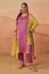 Buy_Rainas_Pink Cupro Satin Printed Bandhani Keyhole Raas Phiran Kurta Farsi Pyjama Set _at_Aza_Fashions