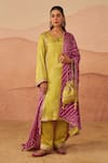 Buy_Rainas_Green Cupro Satin Printed Bandhani Keyhole Patori Phiran Kurta Farsi Pyjama Set _at_Aza_Fashions