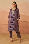 Buy_Rainas_Blue Cupro Satin Printed Ajrakh V-neck Geometric Kurta With Pant _at_Aza_Fashions