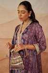 Rainas_Blue Cupro Satin Printed Ajrakh V-neck Geometric Kurta With Pant _Online_at_Aza_Fashions