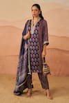 Buy_Rainas_Blue Cupro Satin Printed Ajrakh V-neck Geometric Kurta Pant Set _at_Aza_Fashions