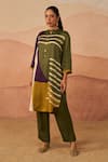 Rainas_Green Satin Printed Geometric Abstract Mandarin Kutch Pathani Tunic And Pant Set _Online_at_Aza_Fashions