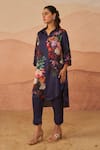 Rainas_Blue Twill Printed Botanic Shirt Collar Judith High-low Tunic With Pant _Online_at_Aza_Fashions