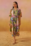 Rainas_Multi Color Cotton Silk Printed Abstract Plunge V Neck Kaftan _Online_at_Aza_Fashions