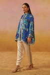 Rainas_Blue Cupro Satin Printed Geometric Band Collar Tunic And Pant Set _Online_at_Aza_Fashions