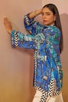 Rainas_Blue Cupro Satin Printed Geometric Band Collar Tunic And Pant Set _at_Aza_Fashions