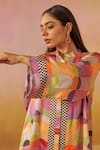 Buy_Rainas_Multi Color Cupro Satin Printed Abstract Band Collar Bold Tunic And Pant Set _Online_at_Aza_Fashions