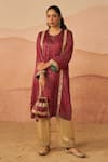 Buy_Rainas_Maroon Cupro Satin Printed Batik Bandhej Keyhole Phiran Set With Potli _at_Aza_Fashions